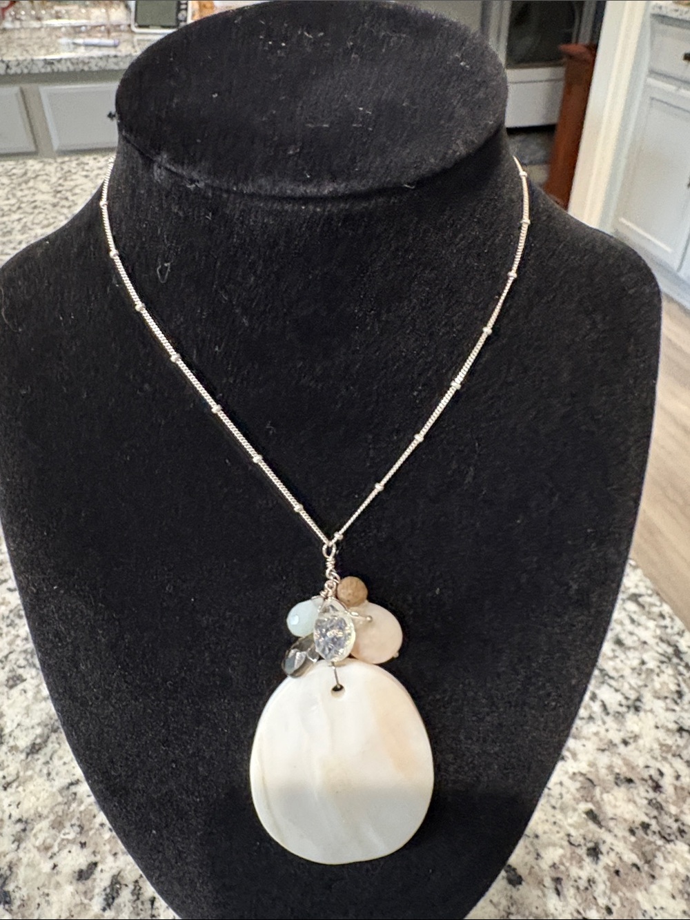Sterling silver Pendant Necklace with Ivory Shell Disc and Gem Accents JJill